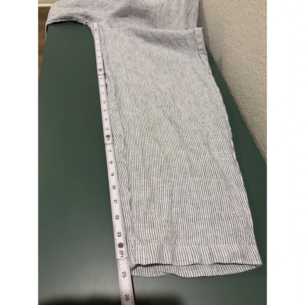 Quince 100% Linen Striped Pants Blue White Elastic Waist Cropped Trousers M